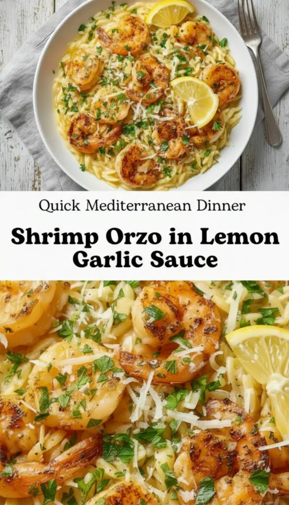 recipe image of a top down mise en place shot showing individual ingredients shrimp orzo lemon garlic butter olive oil onion shallot chicken broth parmesan pecorino spinach kale parsley red pepper flakes white wine in healthy clear glass bowls and rustic brown wooden kitchen sets arranged on a white marble kitchen counter under soft diffuse daylight