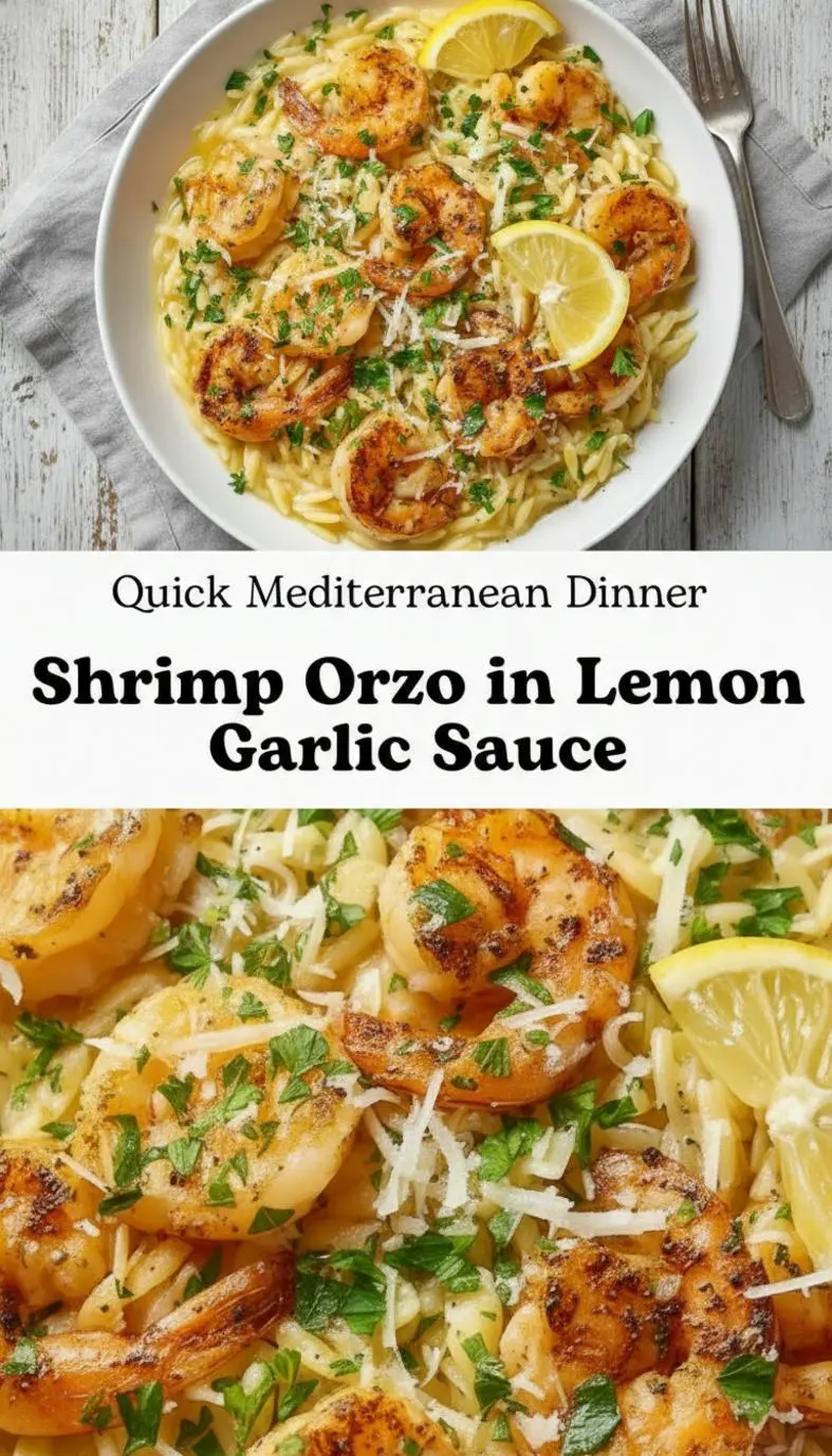 recipe image of a top down mise en place shot showing individual ingredients shrimp orzo lemon garlic butter olive oil onion shallot chicken broth parmesan pecorino spinach kale parsley red pepper flakes white wine in healthy clear glass bowls and rustic brown wooden kitchen sets arranged on a white marble kitchen counter under soft diffuse daylight