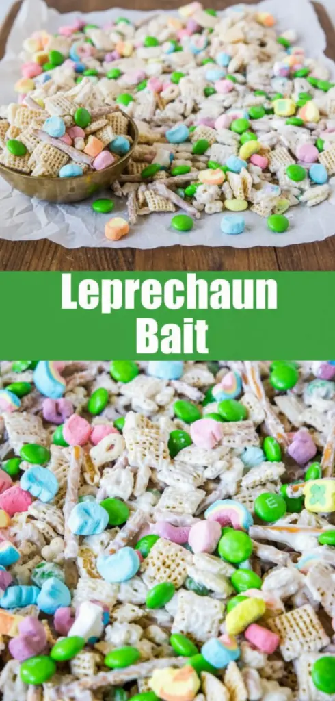 recipe image of Lucky Charms cereal Corn Chex cereal Rice Chex cereal mini pretzel twists pretzel sticks white chocolate chips Ghirardelli white chocolate melting chips white chocolate candy wafers green MMs candy coated chocolate pieces festive sprinkles vegetable oil coconut oil popcorn Lucky Charms marshmallows picked out mini marshmallows green food coloring green wafers mini chocolate chips peanut MMs peanut butter MMs Cheerios Crispix cereal peanuts nuts mini chocolate candies
