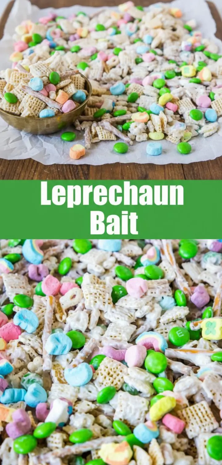 recipe image of Lucky Charms cereal Corn Chex cereal Rice Chex cereal mini pretzel twists pretzel sticks white chocolate chips Ghirardelli white chocolate melting chips white chocolate candy wafers green MMs candy coated chocolate pieces festive sprinkles vegetable oil coconut oil popcorn Lucky Charms marshmallows picked out mini marshmallows green food coloring green wafers mini chocolate chips peanut MMs peanut butter MMs Cheerios Crispix cereal peanuts nuts mini chocolate candies