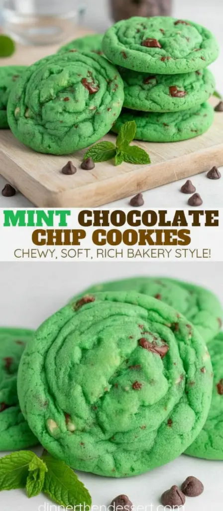 recipe image of a top down mise en place shot showing the fresh ingredients butter sugar granulated brown flour eggs peppermint extract green food coloring chocolate chips mint chips baking soda baking powder salt vanilla extract cocoa powder cream of tartar Andes mints chopped arranged on a white marble kitchen counter with healthy clear glass bowls and rustic brown wooden kitchen sets under soft diffuse daylight