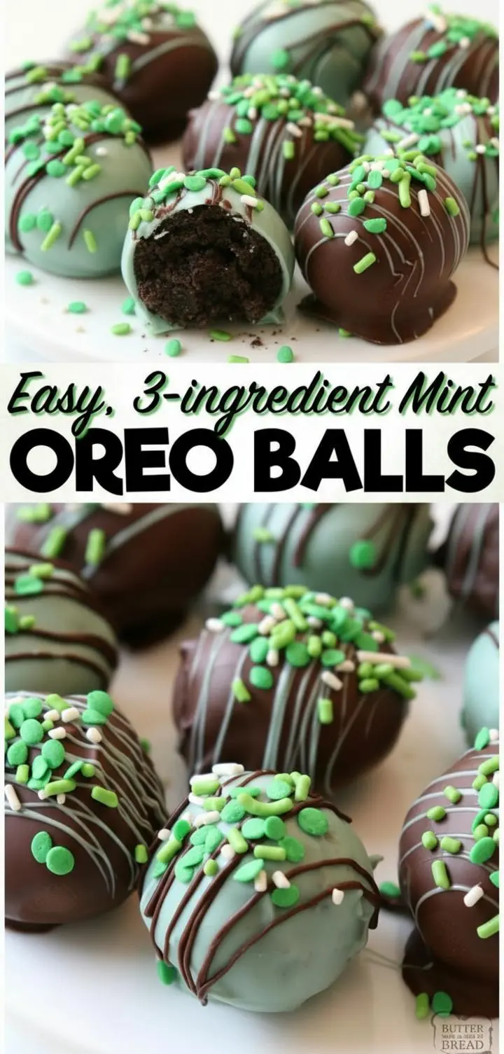 recipe image of mint oreo cookies cream cheese white chocolate candy melts green candy melts sprinkles vanilla candy melts chocolate chips cocoa powder crushed candy canes peppermint extract coconut oil parchment paper food processor cookie scoops arranged on a white marble kitchen counter healthy clear glass bowls rustic brown wooden kitchen sets soft diffuse daylight top down mise en place shot