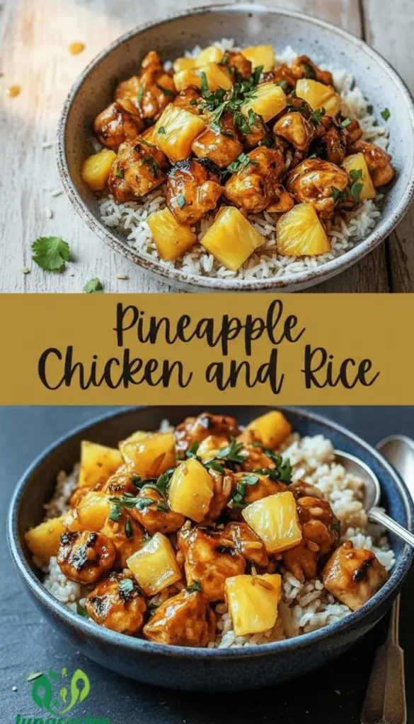 recipe image of chicken breast thighs pineapple chunks pineapple juice rice garlic soy sauce honey dijon mustard bell peppers green onions ginger thyme cornstarch chili flakes fresh pineapple canned pineapple jasmine basmati white rice chicken broth