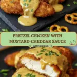 recipe image of a realistic top down mise en place shot showing the fresh ingredients chicken breasts crushed pretzels cheddar cheese dijon mustard flour eggs milk butter garlic powder onion powder salt pepper thyme parsley vegetable oil arranged on a white marble kitchen counter with healthy clear glass bowls and rustic brown wooden kitchen sets under soft diffuse daylight