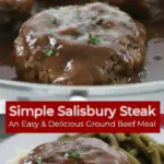 recipe image of fresh ground beef breadcrumbs panko egg onion garlic worcestershire sauce ketchup mustard beef broth stock mushrooms butter flour cornstarch for gravy arranged in clear glass bowls on white marble counter with rustic brown wooden kitchen tools under soft daylight