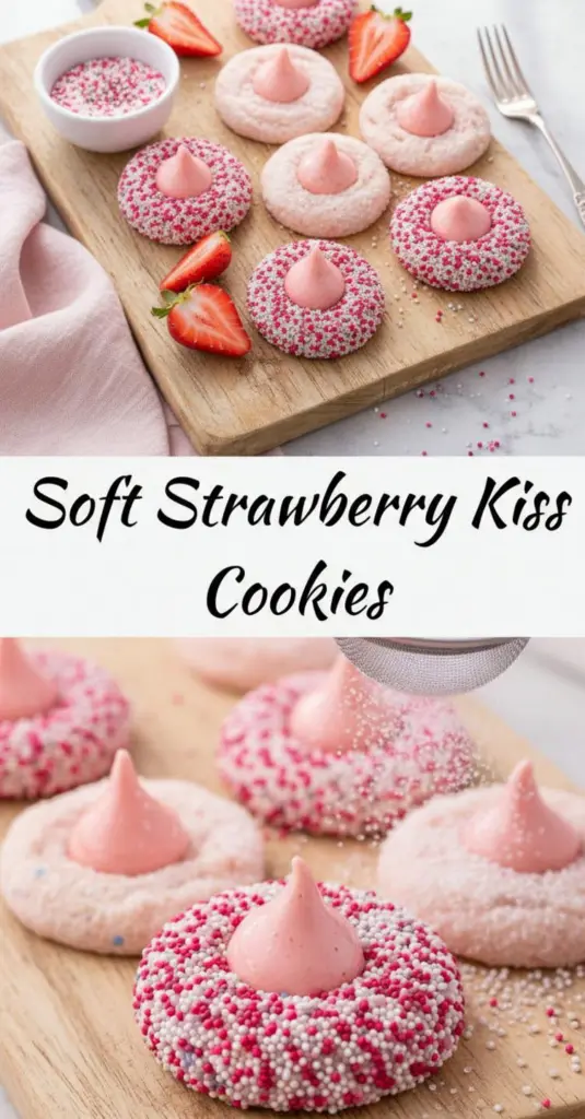 recipe image of strawberry cake mix butter egg cream cheese flour sugar vanilla extract baking powder salt pink sanding sugar hersheys kisses freeze dried strawberries strawberry gelatin milk arranged on a white marble kitchen counter with healthy clear glass bowls and rustic brown wooden kitchen sets under soft diffuse daylight