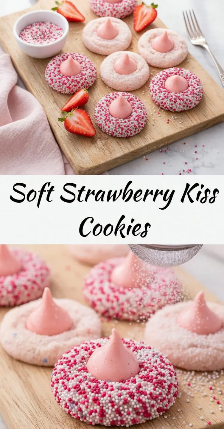 recipe image of strawberry cake mix butter egg cream cheese flour sugar vanilla extract baking powder salt pink sanding sugar hersheys kisses freeze dried strawberries strawberry gelatin milk arranged on a white marble kitchen counter with healthy clear glass bowls and rustic brown wooden kitchen sets under soft diffuse daylight