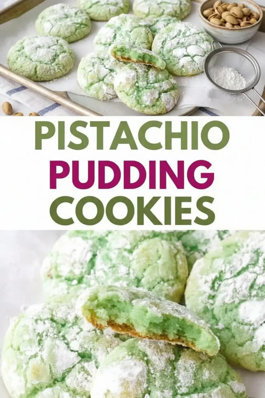 recipe image of instant pistachio pudding mix butter granulated sugar brown sugar flour eggs baking soda vanilla extract salt milk white chocolate chips chopped pistachios green food coloring powdered sugar for rolling arranged on a white marble kitchen counter with clear glass bowls and rustic brown wooden kitchen sets under soft diffuse daylight