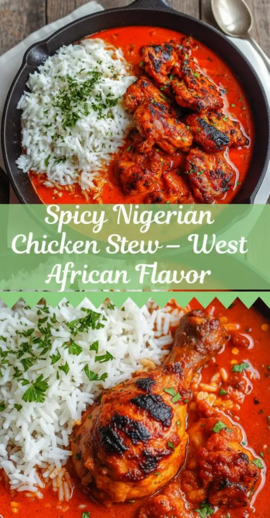 recipe image of chicken thighs chicken drumsticks roma tomatoes red bell peppers habanero peppers scotch bonnet peppers onions vegetable oil chicken broth stock bouillon powder cubes tomato paste curry powder thyme black pepper garlic ginger paprika bay leaf coconut milk smoked paprika nigerian red pepper cayenne pepper rosemary arranged on a white marble kitchen counter with clear glass bowls and rustic brown wooden kitchen sets under soft diffuse daylight