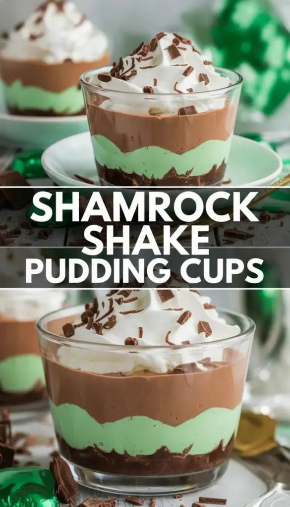 recipe image of instant pudding mix vanilla chocolate pistachio milk green food coloring whipped cream cool whip heavy cream lucky charms cereal oreo cookies mint sprinkles gold edible mist arranged on a white marble kitchen counter with clear glass bowls and rustic brown wooden kitchen sets under soft diffuse daylight