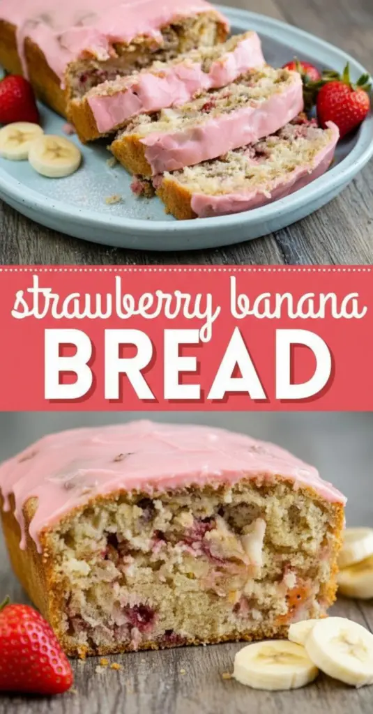 recipe image of realistic top down mise en place ripe bananas fresh strawberries flour sugar butter eggs vanilla extract yogurt white marble kitchen counter healthy clear glass bowls rustic brown wooden kitchen sets soft diffuse daylight