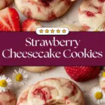 recipe image of a top down mise en place shot showing fresh strawberries cream cheese butter flour sugar brown sugar vanilla extract egg baking powder baking soda salt white chocolate chips graham cracker crumbs lemon zest lemon juice arranged on a white marble kitchen counter with healthy clear glass bowls and rustic brown wooden kitchen sets under soft diffuse daylight