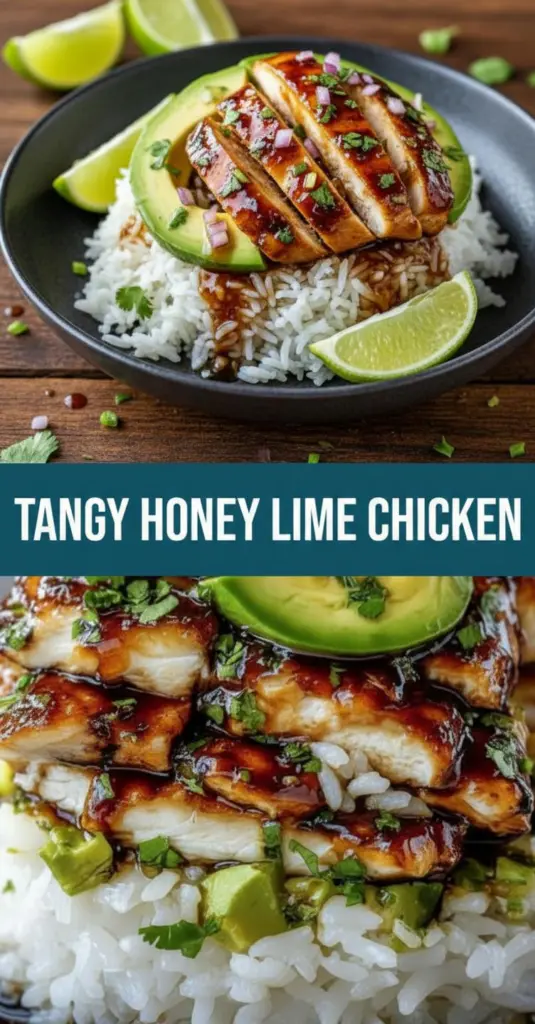 recipe image of a realistic top down mise en place shot showing chicken thighs or breasts honey lime juice lime zest soy sauce garlic olive oil or sesame oil ginger chili powder red pepper flakes sriracha cilantro sesame seeds arranged on a white marble kitchen counter with healthy clear glass bowls and rustic brown wooden kitchen sets under soft diffuse daylight
