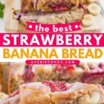 recipe image of Mise en place shot showing ripe bananas fresh strawberries flour sugar eggs butter baking soda salt vanilla extract yogurt cinnamon walnuts chocolate chips coarse sugar topping arranged on a white marble kitchen counter with healthy clear glass bowls and rustic brown wooden kitchen sets under soft diffuse daylight realistic photography top down shot