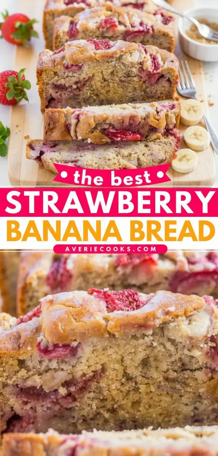 recipe image of Mise en place shot showing ripe bananas fresh strawberries flour sugar eggs butter baking soda salt vanilla extract yogurt cinnamon walnuts chocolate chips coarse sugar topping arranged on a white marble kitchen counter with healthy clear glass bowls and rustic brown wooden kitchen sets under soft diffuse daylight realistic photography top down shot
