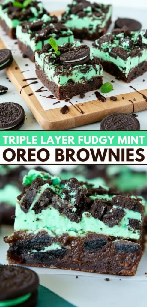 recipe image of brownie mix flour cocoa powder butter sugar eggs mint Oreos marshmallow fluff mint extract green food coloring white chocolate chips powdered sugar vanilla extract espresso coffee candy canes regular Oreos