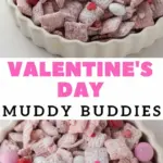 recipe image of chex cereal chocolate chips peanut butter powdered sugar butter vanilla extract valentines mms sprinkles freeze dried strawberries conversation hearts pretzels peanuts on a white marble kitchen counter with clear glass bowls and rustic brown wooden kitchen sets under soft diffuse daylight