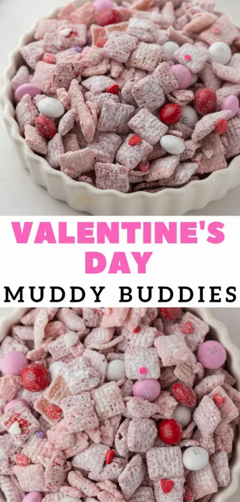 recipe image of chex cereal chocolate chips peanut butter powdered sugar butter vanilla extract valentines mms sprinkles freeze dried strawberries conversation hearts pretzels peanuts on a white marble kitchen counter with clear glass bowls and rustic brown wooden kitchen sets under soft diffuse daylight