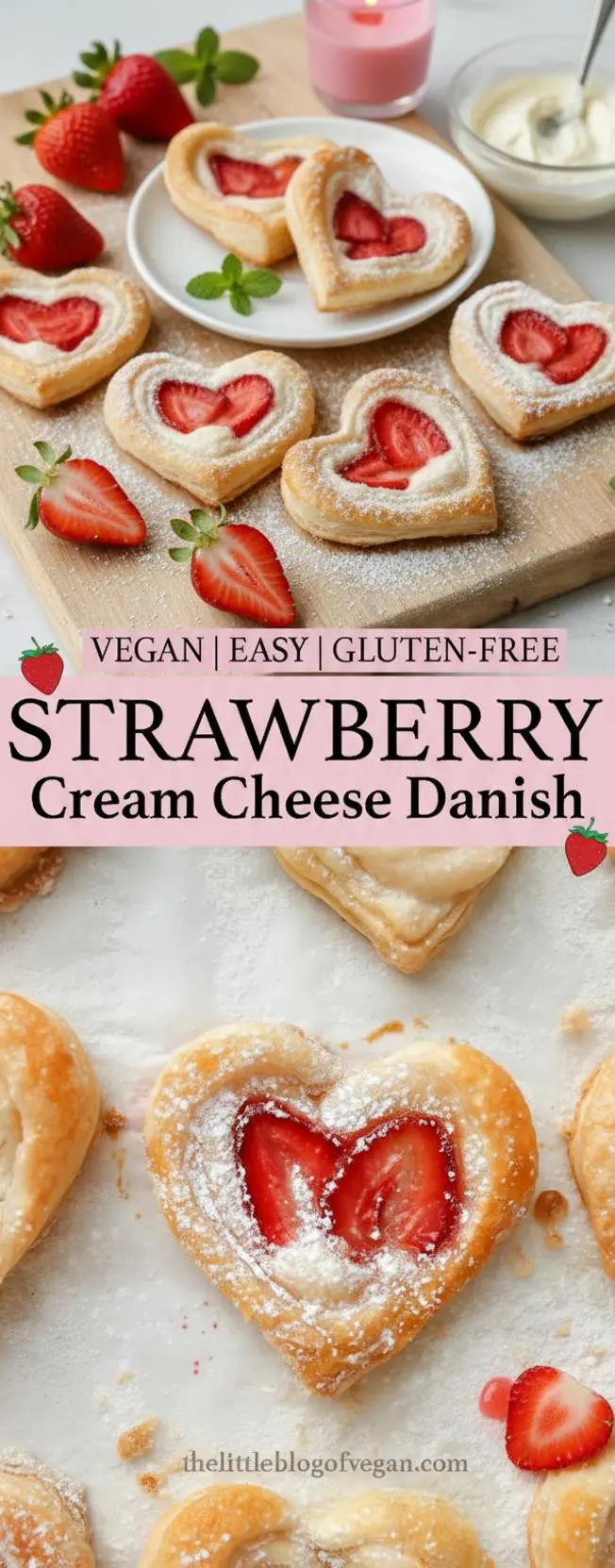 recipe image of vegan puff pastry dairy free cream cheese fresh strawberries caster sugar flour dairy free milk icing sugar vanilla extract almond extract on a white marble kitchen counter with healthy clear glass bowls and rustic brown wooden kitchen sets under soft diffuse daylight