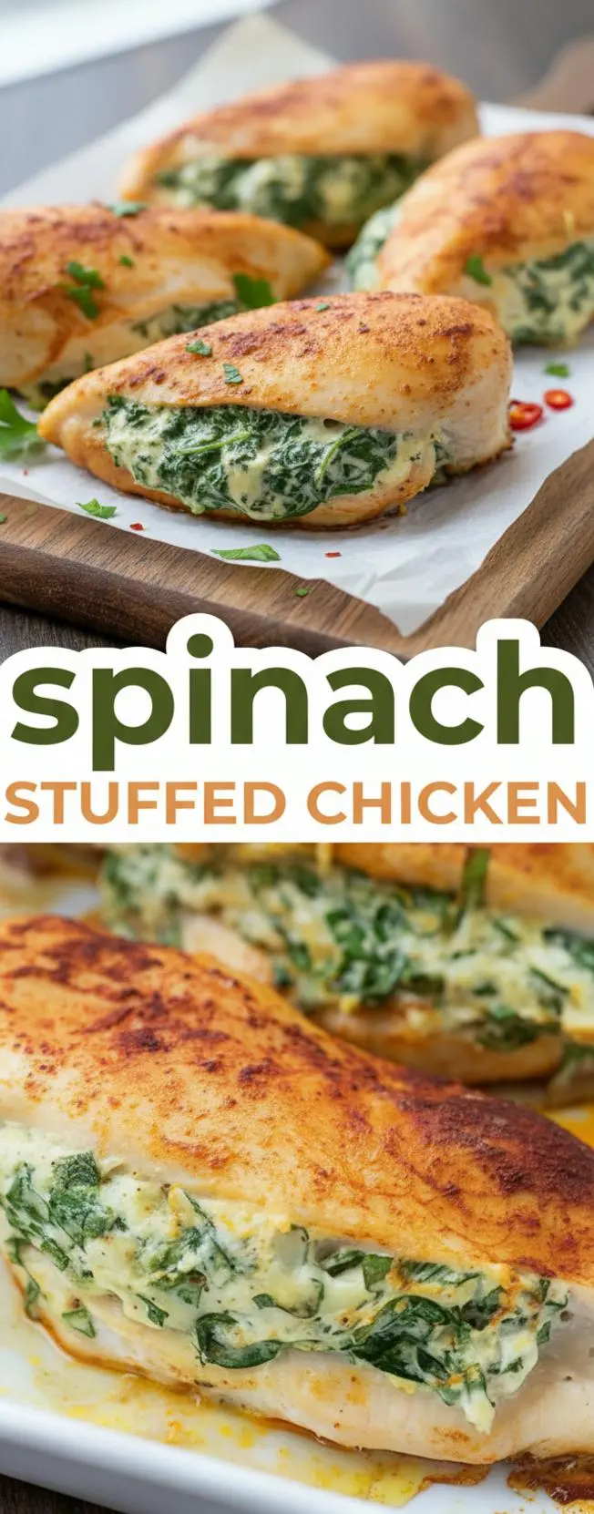 recipe image of realistic top down mise en place shot showing fresh chicken breasts spinach cream cheese mozzarella parmesan garlic sun dried tomatoes onions mushrooms feta goat cheese arranged on a white marble kitchen counter with healthy clear glass bowls and rustic brown wooden kitchen sets under soft diffuse daylight