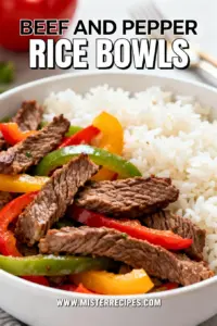 image of fresh flank steak sirloin ground beef red bell peppers green bell peppers white rice brown rice onion garlic ginger soy sauce oyster sauce hoisin sauce green onions sesame seeds sriracha arranged on white marble kitchen counter with clear glass bowls and rustic brown wooden kitchen sets under soft diffuse daylight