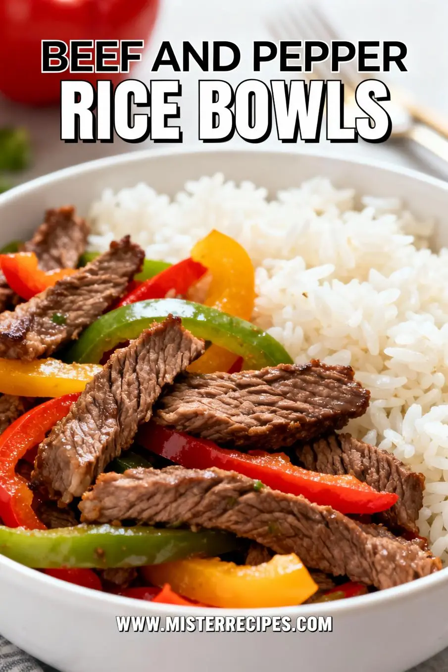 image of fresh flank steak sirloin ground beef red bell peppers green bell peppers white rice brown rice onion garlic ginger soy sauce oyster sauce hoisin sauce green onions sesame seeds sriracha arranged on white marble kitchen counter with clear glass bowls and rustic brown wooden kitchen sets under soft diffuse daylight