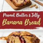 recipe image of ripe bananas allpurpose flour eggs butter sugar baking soda salt creamy peanut butter grape jelly or strawberry jelly vanilla extract milk cinnamon arranged on a white marble kitchen counter with clear glass bowls and rustic brown wooden kitchen sets under soft diffuse daylight realistic top down mise en place shot