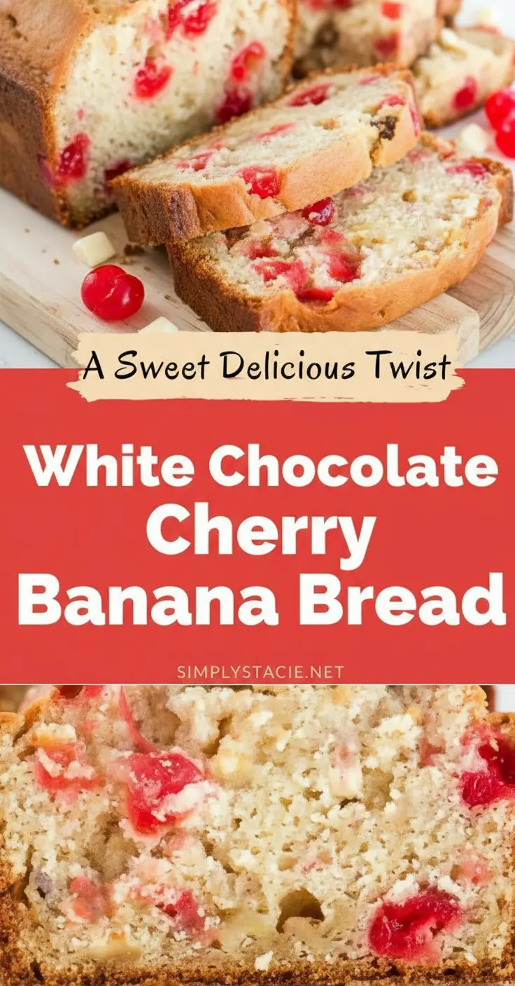 recipe image of a top down mise en place shot showing bananas white chocolate chips cherries flour eggs butter sugar baking soda salt vanilla extract milk nuts and cinnamon arranged on a white marble kitchen counter with healthy clear glass bowls and rustic brown wooden kitchen sets under soft diffuse daylight