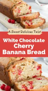 recipe image of bananas white chocolate chips cherries flour eggs butter sugar baking soda salt vanilla extract milk cinnamon nuts coconut flakes arranged on a white marble kitchen counter healthy clear glass bowls rustic brown wooden kitchen sets soft diffuse daylight top down mise en place realistic