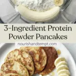 recipe image of protein powder banana eggs milk flour baking powder vanilla extract honey maple syrup peanut butter berries chocolate chips cinnamon nutmeg coconut oil almond butter oat flour chia seeds flax seeds Greek yogurt applesauce arranged on a white marble kitchen counter with healthy clear glass bowls and rustic brown wooden kitchen sets under soft diffuse daylight