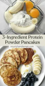 recipe image of protein powder banana eggs milk flour baking powder vanilla extract honey maple syrup peanut butter berries chocolate chips cinnamon nutmeg coconut oil almond butter oat flour chia seeds flax seeds Greek yogurt applesauce arranged on a white marble kitchen counter with healthy clear glass bowls and rustic brown wooden kitchen sets under soft diffuse daylight