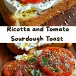 recipe image of sourdough bread ricotta cheese tomatoes basil garlic olive oil salt pepper balsamic glaze prosciutto arugula feta cheese arranged on a white marble kitchen counter with healthy clear glass bowls and rustic brown wooden kitchen sets under soft diffuse daylight