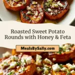 recipe image of sweet potato honey feta cheese olive oil garlic thyme rosemary salt pepper lemon juice Greek yogurt avocado cherry tomatoes on a white marble kitchen counter with healthy clear glass bowls and rustic brown wooden kitchen sets under soft diffuse daylight