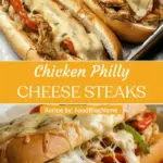 recipe image of chicken breast provolone cheese hoagie rolls onions peppers mushrooms steak sauce mayo mustard garlic olive oil salt pepper bread cheese vegetables arranged on a white marble kitchen counter with healthy clear glass bowls and rustic brown wooden kitchen sets under soft diffuse daylight