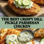 recipe image of chicken breast dill pickles parmesan cheese flour eggs breadcrumbs salt pepper garlic powder paprika olive oil butter milk all purpose flour panko breadcrumbs lemon juice fresh dill arranged on a white marble kitchen counter with clear glass bowls and rustic brown wooden kitchen sets under soft diffuse daylight