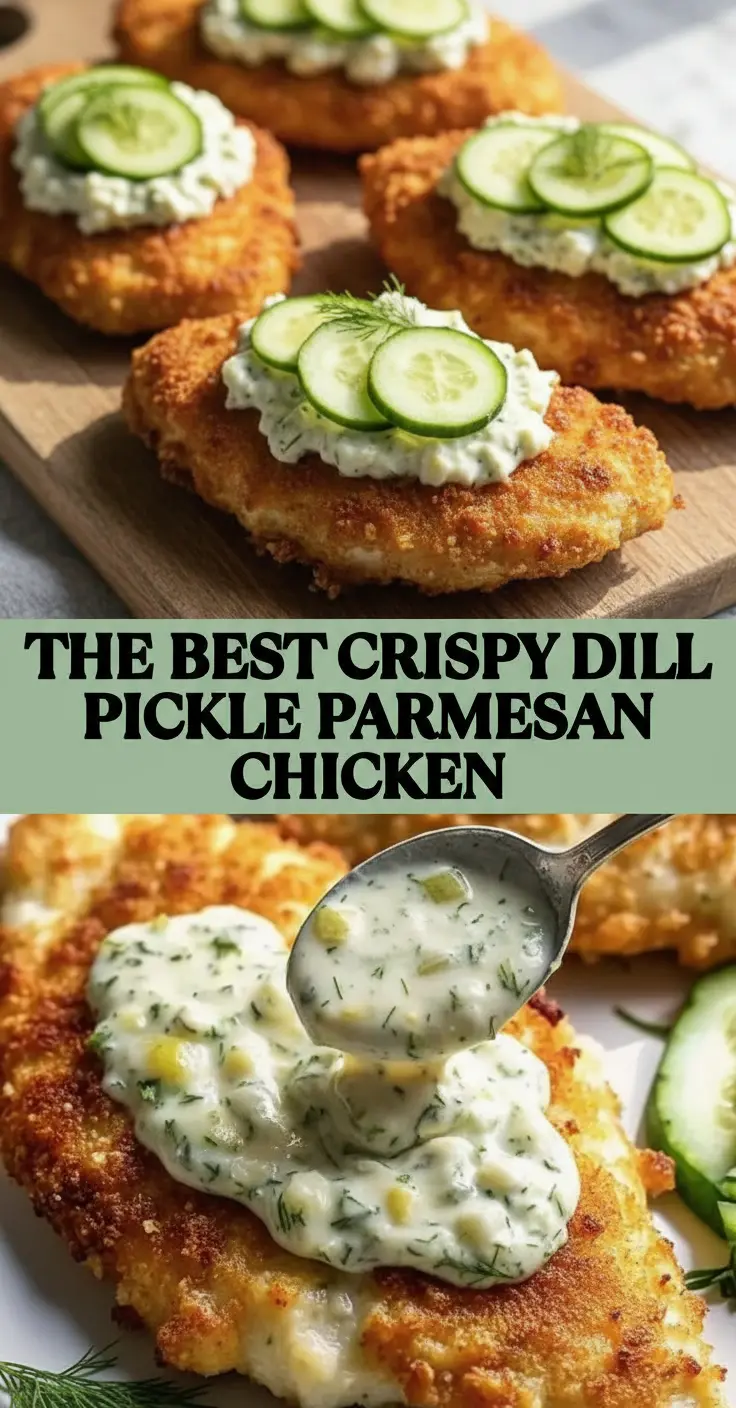 recipe image of chicken breast dill pickles parmesan cheese flour eggs breadcrumbs salt pepper garlic powder paprika olive oil butter milk all purpose flour panko breadcrumbs lemon juice fresh dill arranged on a white marble kitchen counter with clear glass bowls and rustic brown wooden kitchen sets under soft diffuse daylight