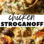 recipe image of chicken breast sour cream beef broth mushrooms onions garlic flour butter paprika thyme salt pepper rice noodles heavy cream Worcestershire sauce arranged on a white marble kitchen counter with healthy clear glass bowls and rustic brown wooden kitchen sets under soft diffuse daylight