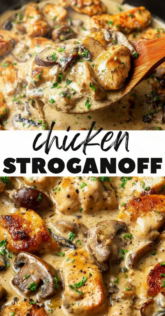 recipe image of chicken breast sour cream beef broth mushrooms onions garlic flour butter paprika thyme salt pepper rice noodles heavy cream Worcestershire sauce arranged on a white marble kitchen counter with healthy clear glass bowls and rustic brown wooden kitchen sets under soft diffuse daylight