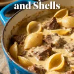 image of ground beef pasta shells tomato sauce beef broth heavy cream cheddar cheese onion garlic Italian seasoning flour cream cheese Worcestershire sauce hot sauce mustard powder red pepper flakes sour cream parsley fresh ingredients white marble counter glass bowls rustic wooden kitchen sets soft diffuse daylight