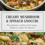 recipe image of gnocchi fresh spinach mushrooms garlic butter cream parmesan cheese olive oil salt pepper thyme rosemary nutmeg heavy cream white wine onion garlic powder arranged on a white marble kitchen counter with healthy clear glass bowls and rustic brown wooden kitchen sets under soft diffuse daylight