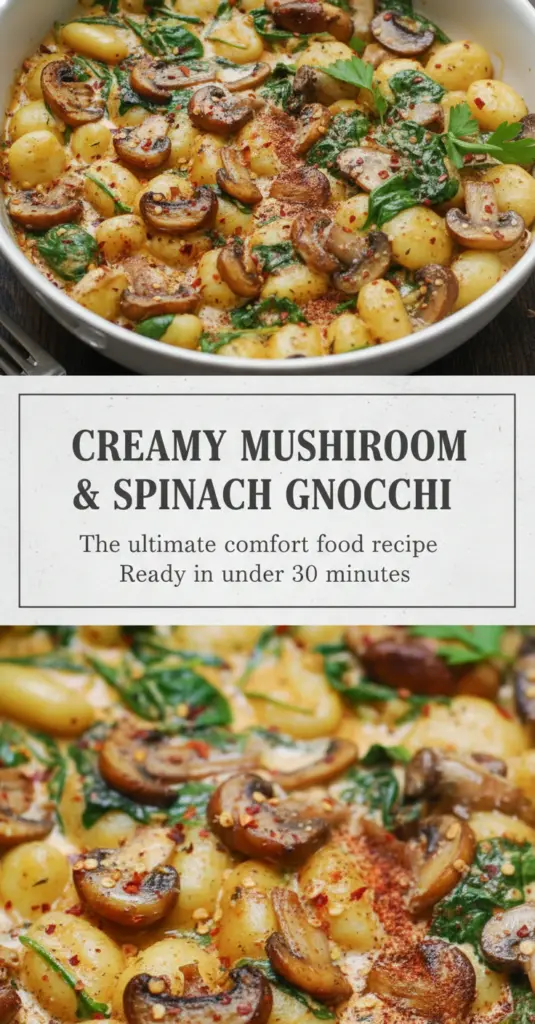 recipe image of gnocchi fresh spinach mushrooms garlic butter cream parmesan cheese olive oil salt pepper thyme rosemary nutmeg heavy cream white wine onion garlic powder arranged on a white marble kitchen counter with healthy clear glass bowls and rustic brown wooden kitchen sets under soft diffuse daylight