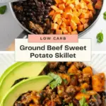 recipe image of ground beef sweet potatoes bell peppers onions garlic chili powder cumin paprika tomatoes black beans corn cheese sour cream avocado cilantro arranged on a white marble kitchen counter with healthy clear glass bowls and rustic brown wooden kitchen sets under soft diffuse daylight top down mise en place shot realistic