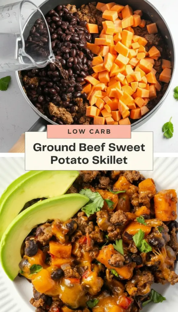 recipe image of ground beef sweet potatoes bell peppers onions garlic chili powder cumin paprika tomatoes black beans corn cheese sour cream avocado cilantro arranged on a white marble kitchen counter with healthy clear glass bowls and rustic brown wooden kitchen sets under soft diffuse daylight top down mise en place shot realistic