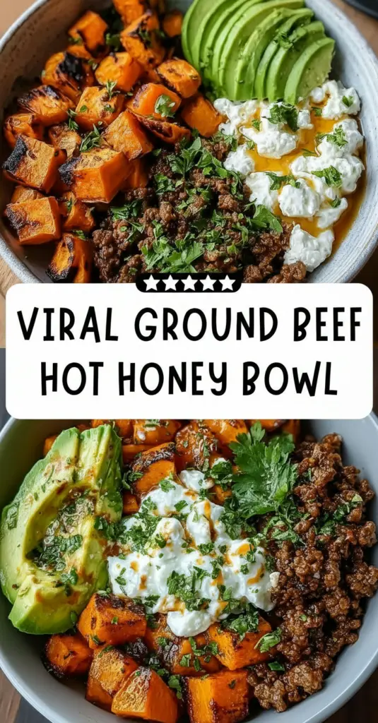 recipe image of a top down mise en place shot showing ground beef hot honey rice vegetables sesame oil soy sauce garlic ginger cilantro scallions avocado kimchi tofu fresh ingredients arranged on a white marble kitchen counter with healthy clear glass bowls and rustic brown wooden kitchen sets under soft diffuse daylight