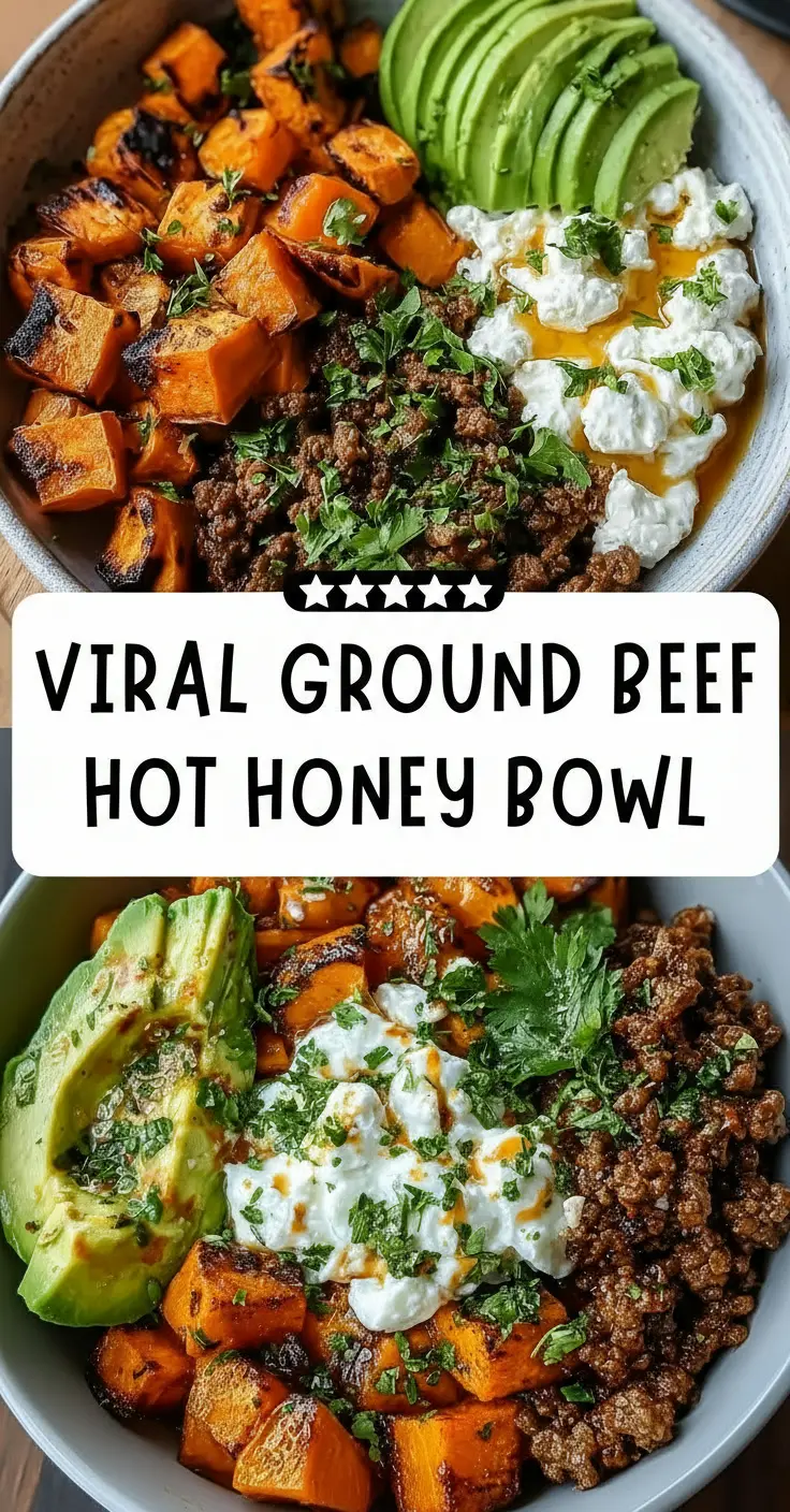 recipe image of a top down mise en place shot showing ground beef hot honey rice vegetables sesame oil soy sauce garlic ginger cilantro scallions avocado kimchi tofu fresh ingredients arranged on a white marble kitchen counter with healthy clear glass bowls and rustic brown wooden kitchen sets under soft diffuse daylight
