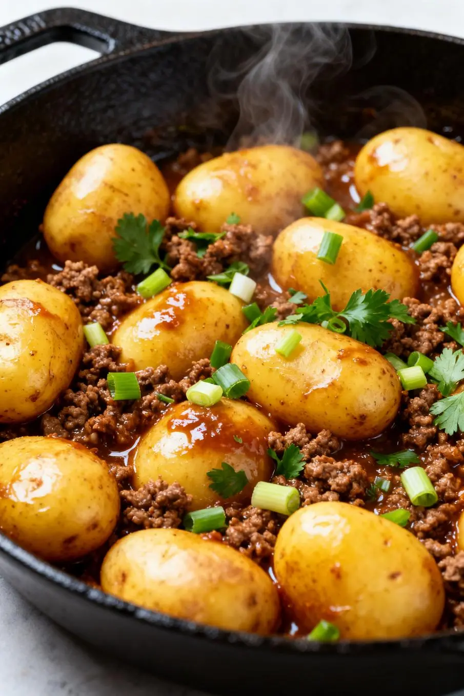 image of fresh ground beef russet potatoes yukon gold potatoes onion garlic bell peppers cheddar cheese green onions parsley arranged on white marble counter with clear glass bowls and rustic brown wooden sets under soft daylight