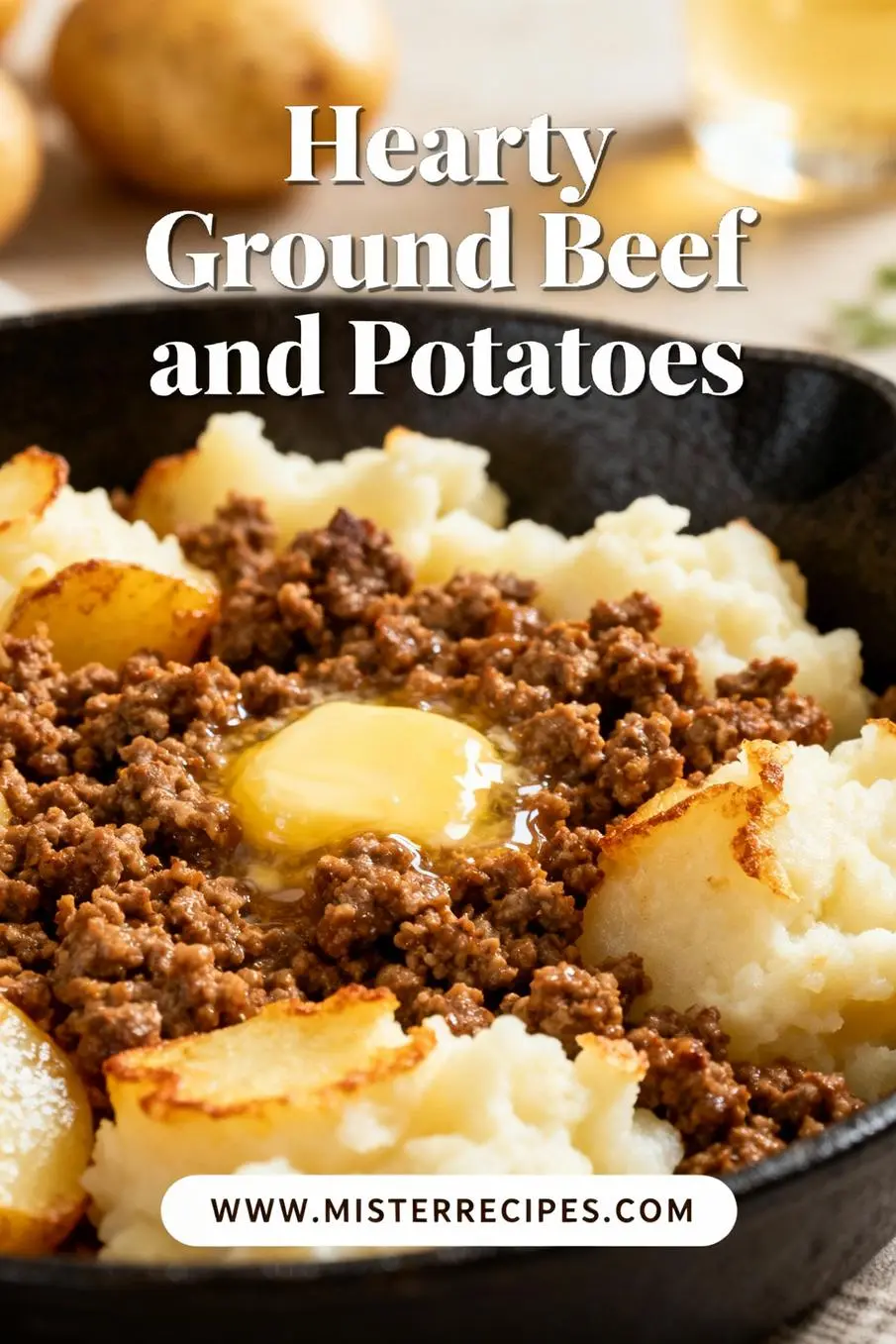 image of ground beef potatoes onions garlic olive oil cheddar cheese bell peppers paprika black pepper salt Worcestershire sauce beef broth mushroom soup milk heavy cream eggs green onions fresh parsley butter mustard hot sauce bacon cumin oregano chili powder arranged on white marble kitchen counter with clear glass bowls and rustic brown wooden kitchen sets under soft diffuse daylight