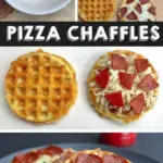 recipe image of a realistic top down mise en place shot showing cauliflower rice mozzarella cheese almond flour egg spinach pepperoni mushrooms bell peppers olive oil garlic powder italian seasoning cream cheese parmesan tomato sauce arranged on a white marble kitchen counter with healthy clear glass bowls and rustic brown wooden kitchen sets under soft diffuse daylight