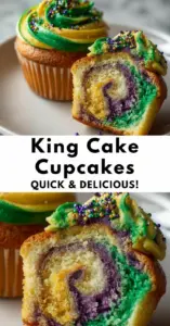 recipe image of flour sugar butter eggs baking powder vanilla buttermilk brown sugar cinnamon nutmeg powdered sugar milk sour cream cream cheese sprinkles purple green gold arranged on a white marble kitchen counter with healthy clear glass bowls and rustic brown wooden kitchen sets under soft diffuse daylight