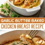 recipe image of a top down shot of fresh chicken breasts butter garlic olive oil paprika italian seasoning salt pepper and parsley arranged on a white marble kitchen counter with healthy clear glass bowls and rustic brown wooden kitchen sets under soft diffuse daylight